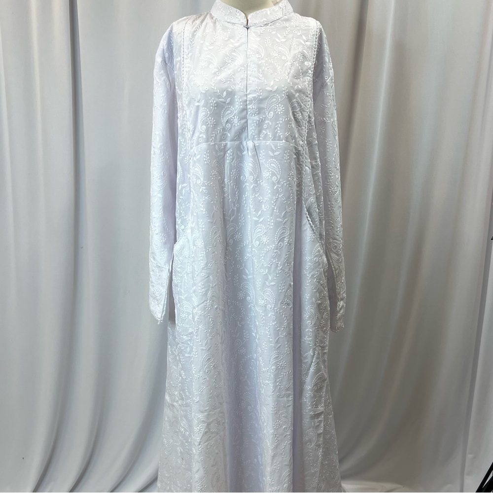 Embroidered Abaya White Long Sleeve Dress